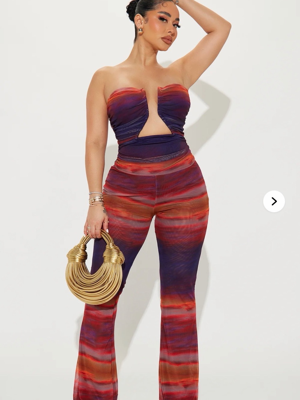 Fashion Nova Strapless Ruched Jumpsuit in Red and Purple Multi